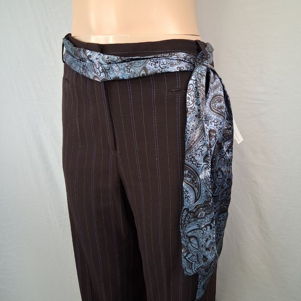 Larry Levine Brown Pinstripe Wide-Leg Pants with Blue Stitching Size 10 - Picture 4 of 16